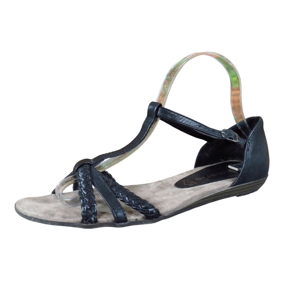 Tamaris Women Braided T-Strap Flat Sandals Size 39 Casual Summer Travel Black